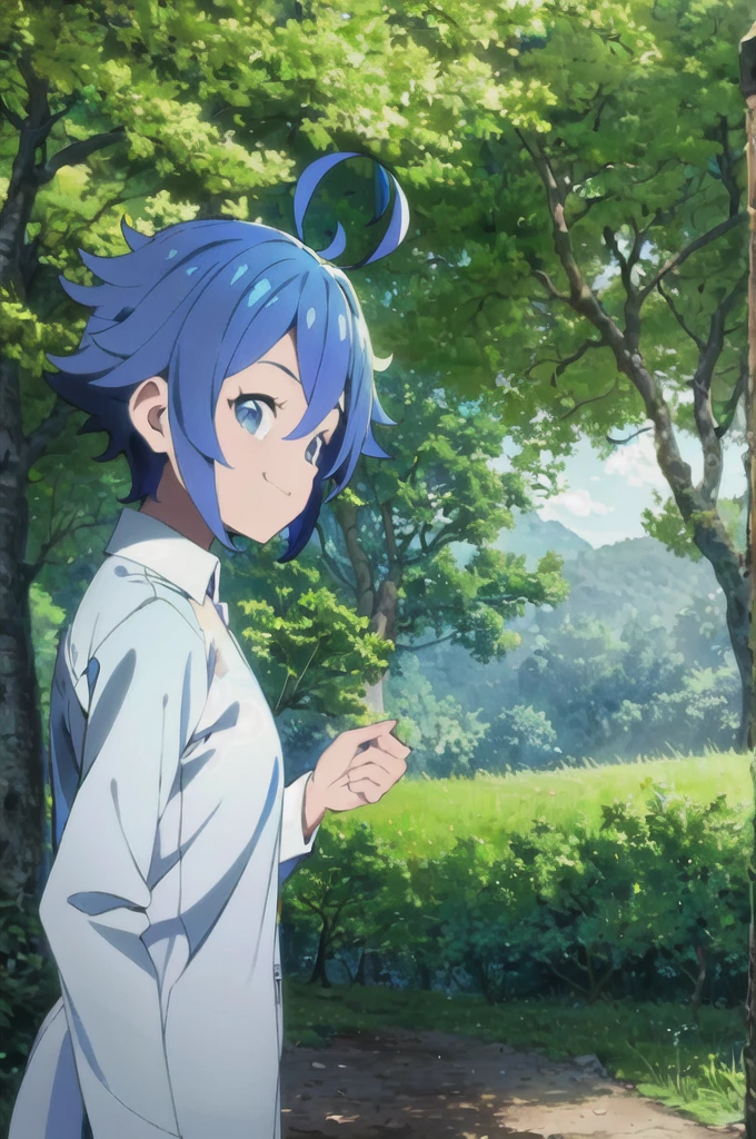 Lapislazuli, neverland, 1girl, solo, upper body, nature, forest, bush, tree, looking at viewer, smiling, short hair, shirt, long sleeves, blue eyes, white shirt, upper body, ahoge, outdoors, collared shirt, blue hair,  blue 💧💎🔷️🔹️