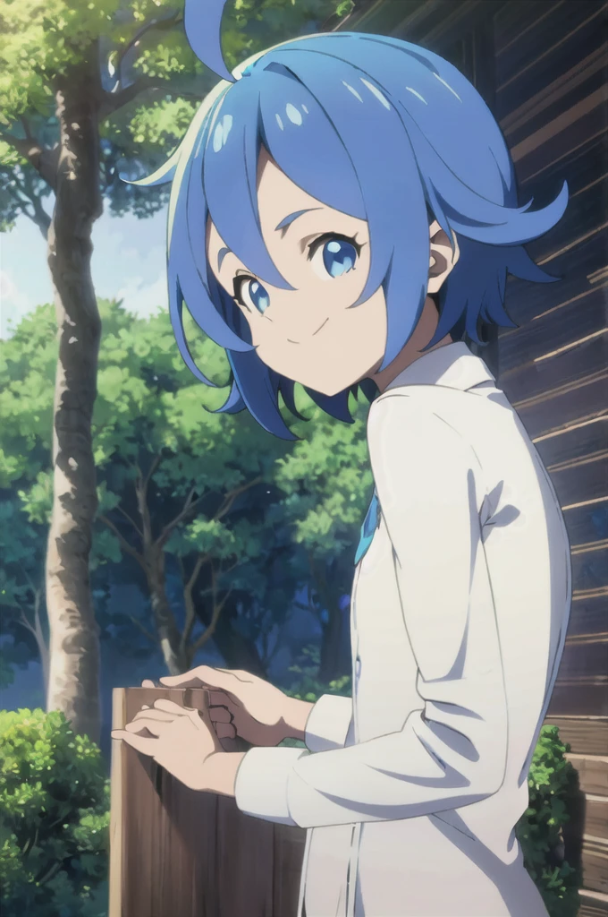 Lapislazuli, neverland, 1girl, solo, upper body, nature, forest, bush, tree, looking at viewer, smiling, short hair, shirt, long sleeves, blue eyes, white shirt, upper body, ahoge, outdoors, collared shirt, blue hair,  blue 💧💎🔷️🔹️