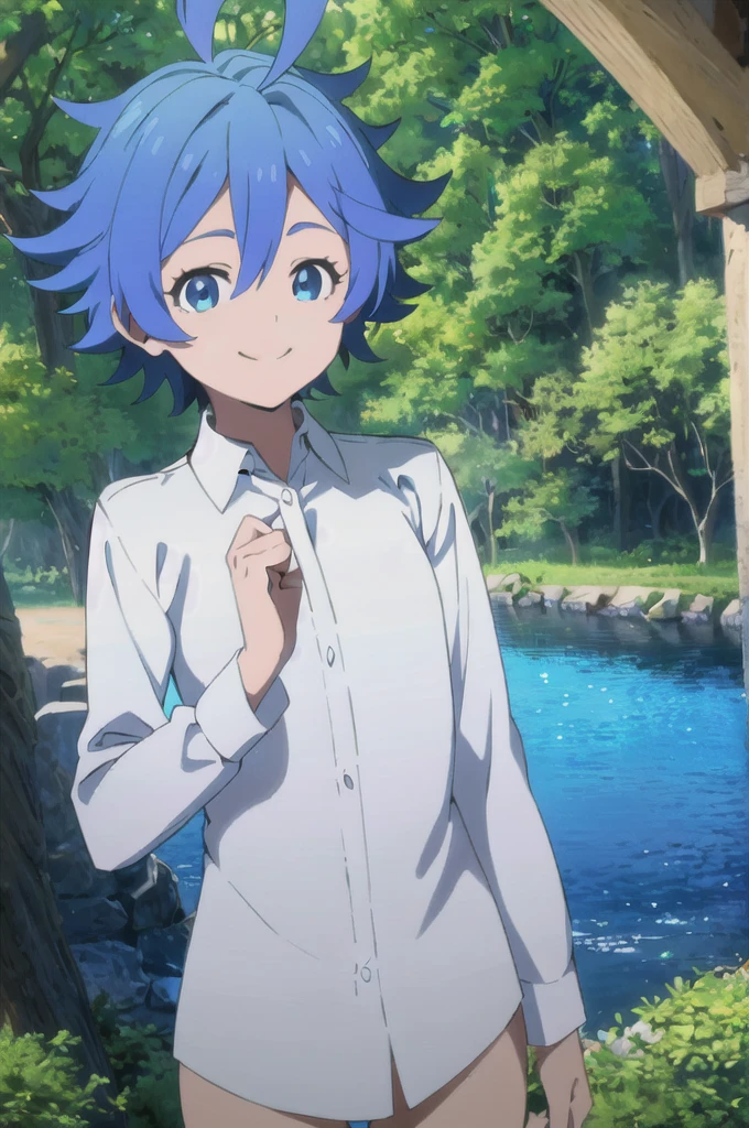 Lapislazuli, neverland, 1girl, solo, upper body, nature, forest, bush, tree, looking at viewer, smiling, short hair, shirt, long sleeves, blue eyes, white shirt, upper body, ahoge, outdoors, collared shirt, blue hair,  blue 💧💎🔷️🔹️