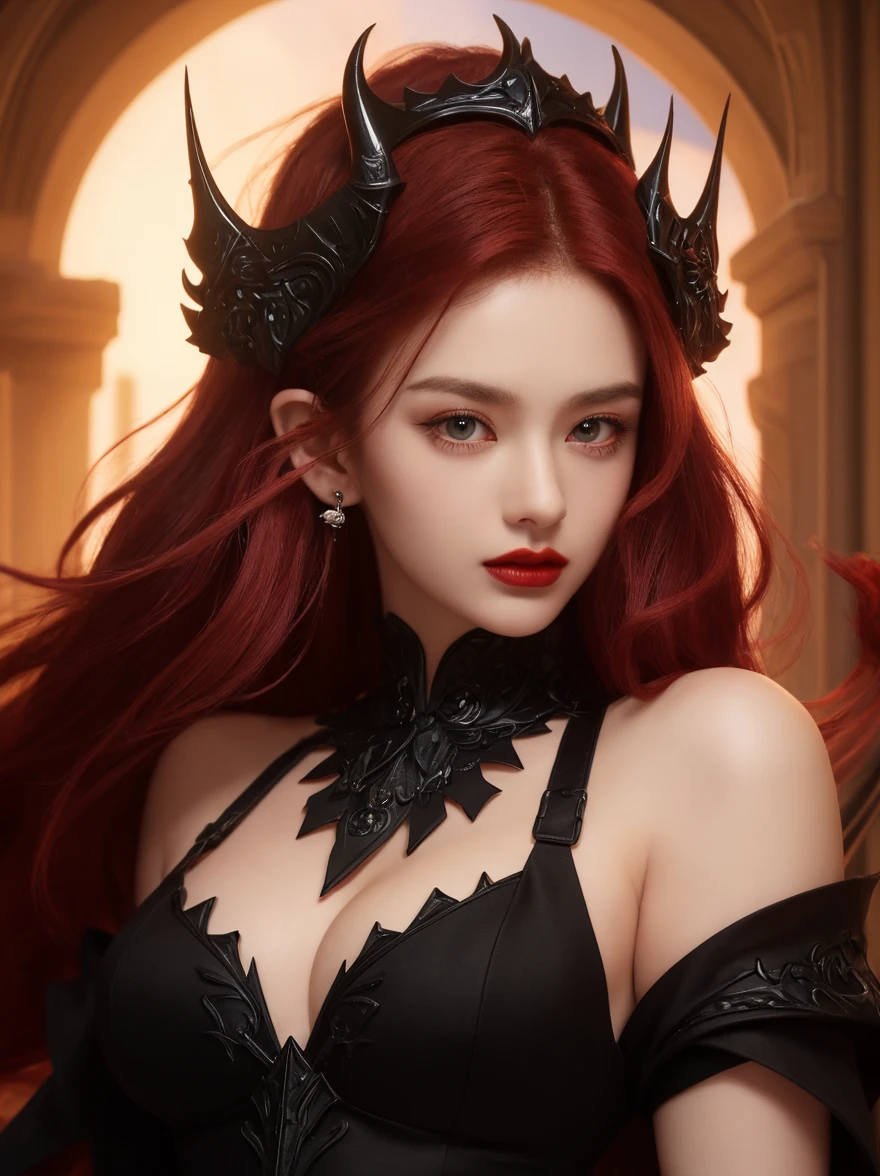 A portrait of a vampire with best quality, high-resolution, and ultra-detailed image rendering, boasting an HDR effect of 1.1 to accentuate the realistic yet mysterious atmosphere. The vampire's enchanting gaze is conveyed through beautiful, intricately detailed eyes and lips, framed by cascading dark red hair styled in bangs. Her attire is an exquisitely dark and elegant vampire dress, adorned with a corset and metallic silver accessories. The elfin pointed ears she sports are accentuated by equally detailed silver earrings.
The portrait exudes an aura of enigma, thanks to the subtle, soft lighting that illuminates
