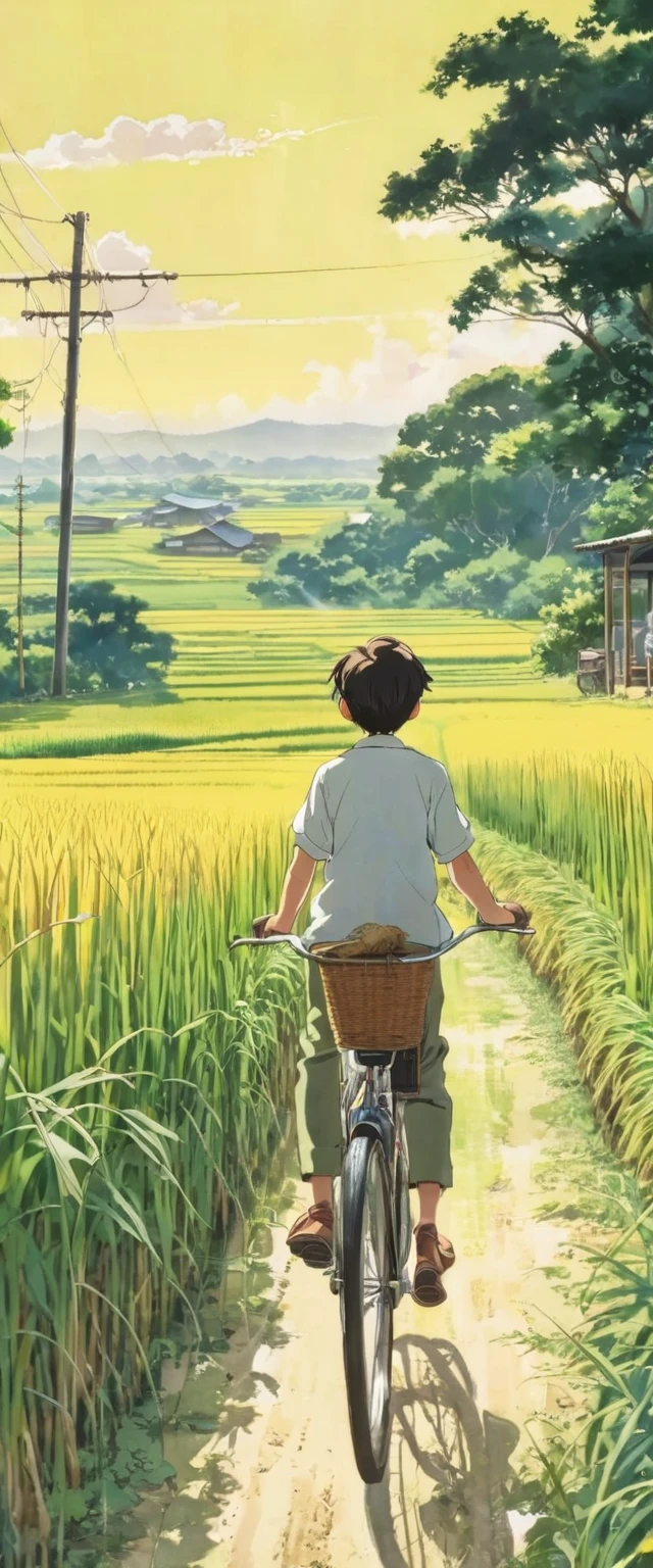 Beautiful illustrations, Endless rice fields, Half yellow、Half Green, Boy Riding a Bicycle, Girl sitting in the back seat,Style: Barnet, Includes 50d movie stills, Rural Scenery, countryside, panoramic,、Real、Paintings by Makoto Shinkai