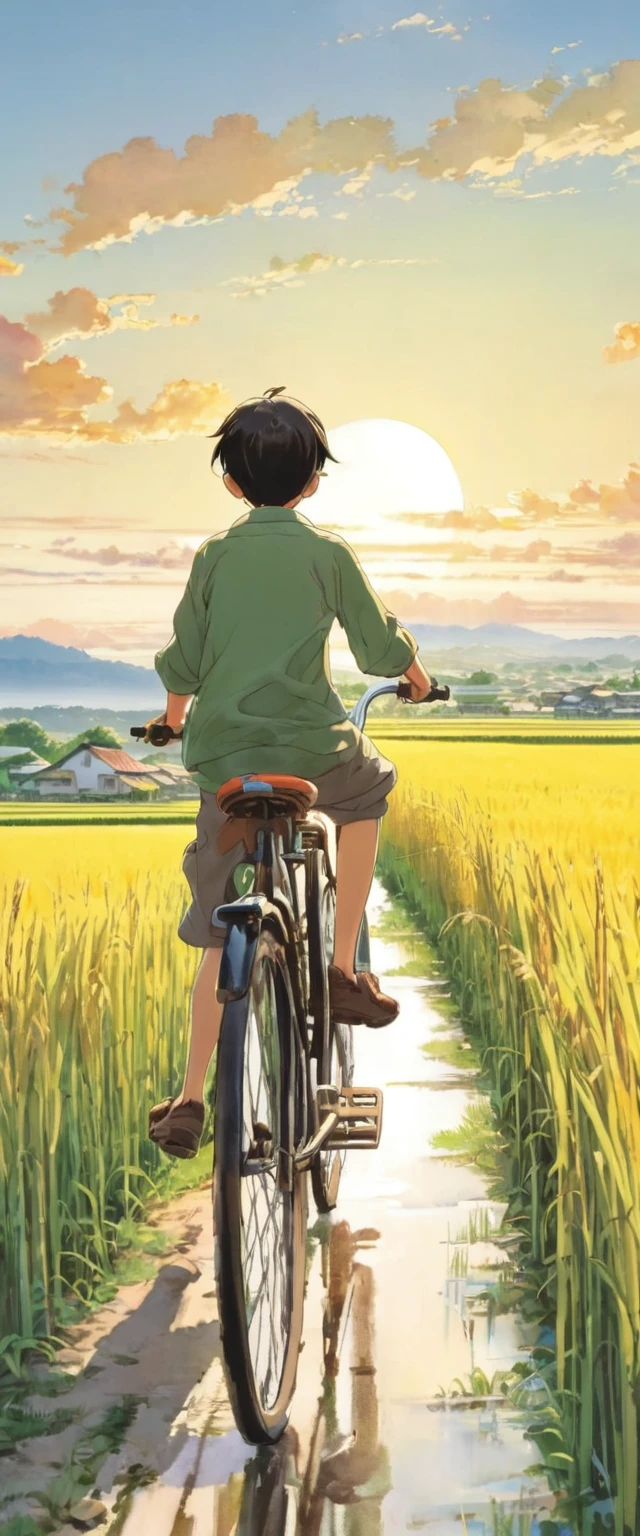 Beautiful illustrations, Endless rice fields, Half yellow、Half Green, Boy Riding a Bicycle, Girl sitting in the back seat,Style: Barnet, Includes 50d movie stills, Rural Scenery, countryside, panoramic,、Real、Paintings by Makoto Shinkai