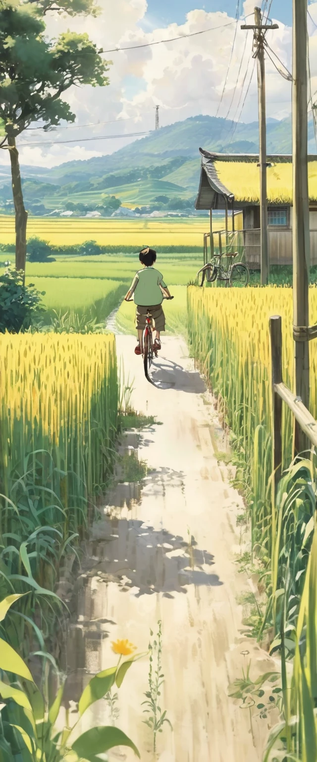 Beautiful illustrations, Endless rice fields, Half yellow、Half Green, Boy Riding a Bicycle, Girl sitting in the back seat，Style: Barnet, Includes 50d movie stills, Rural Scenery, countryside, panoramic,、Real、Paintings by Makoto Shinkai