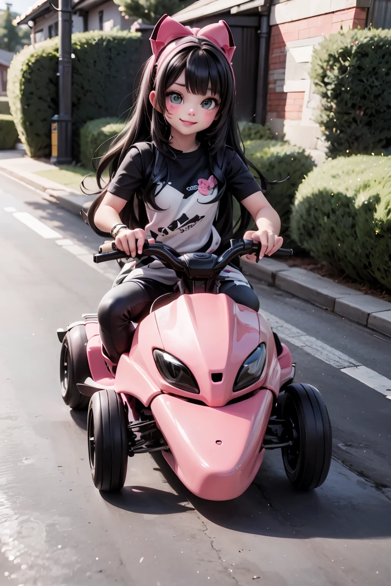 a cute girl riding a pink dinosaur (kart)