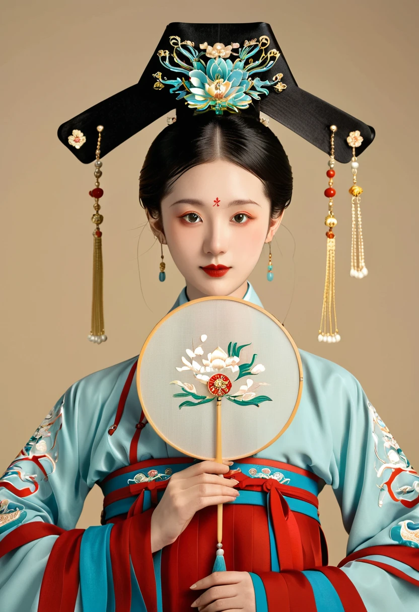 Chinese classical girl portrait，symmetry，Round Face，Bright Eyes，Smooth skin，Chinese Song Dynasty official uniform,egotistical,Official hat，Holding a round fan，Clean background