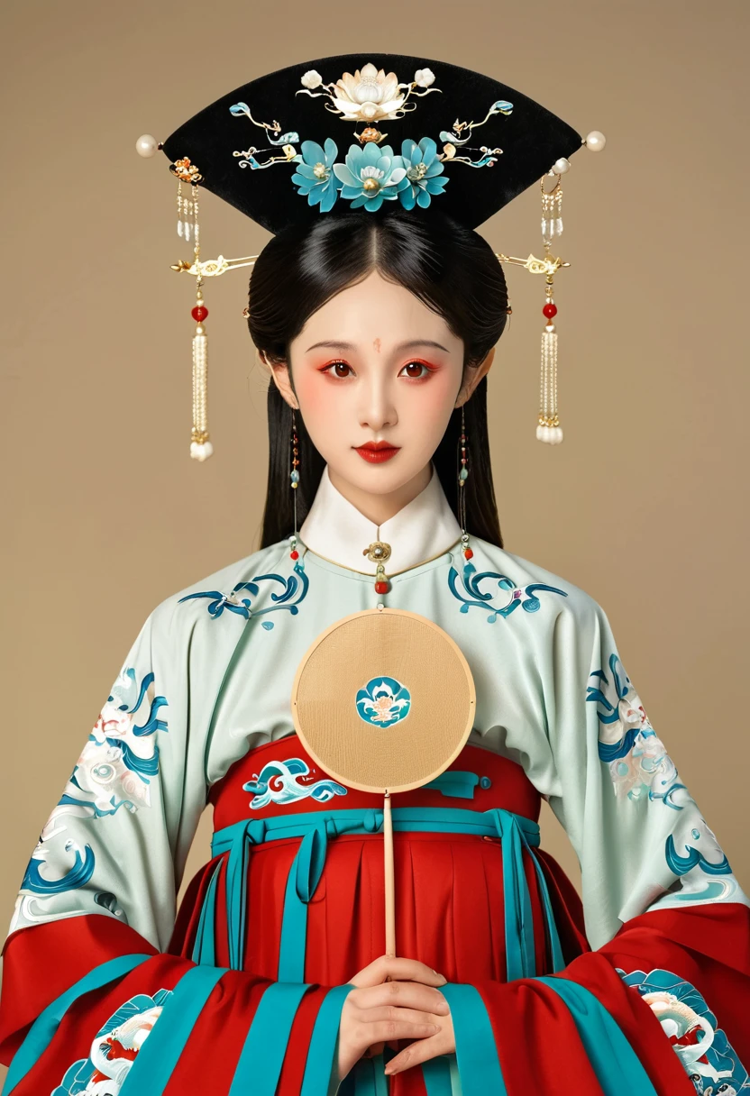 Chinese classical girl portrait,symmetry,Round Face,Bright Eyes,Smooth skin,Chinese Song Dynasty official uniform,egotistical,Official hat,Holding a round fan,Clean background