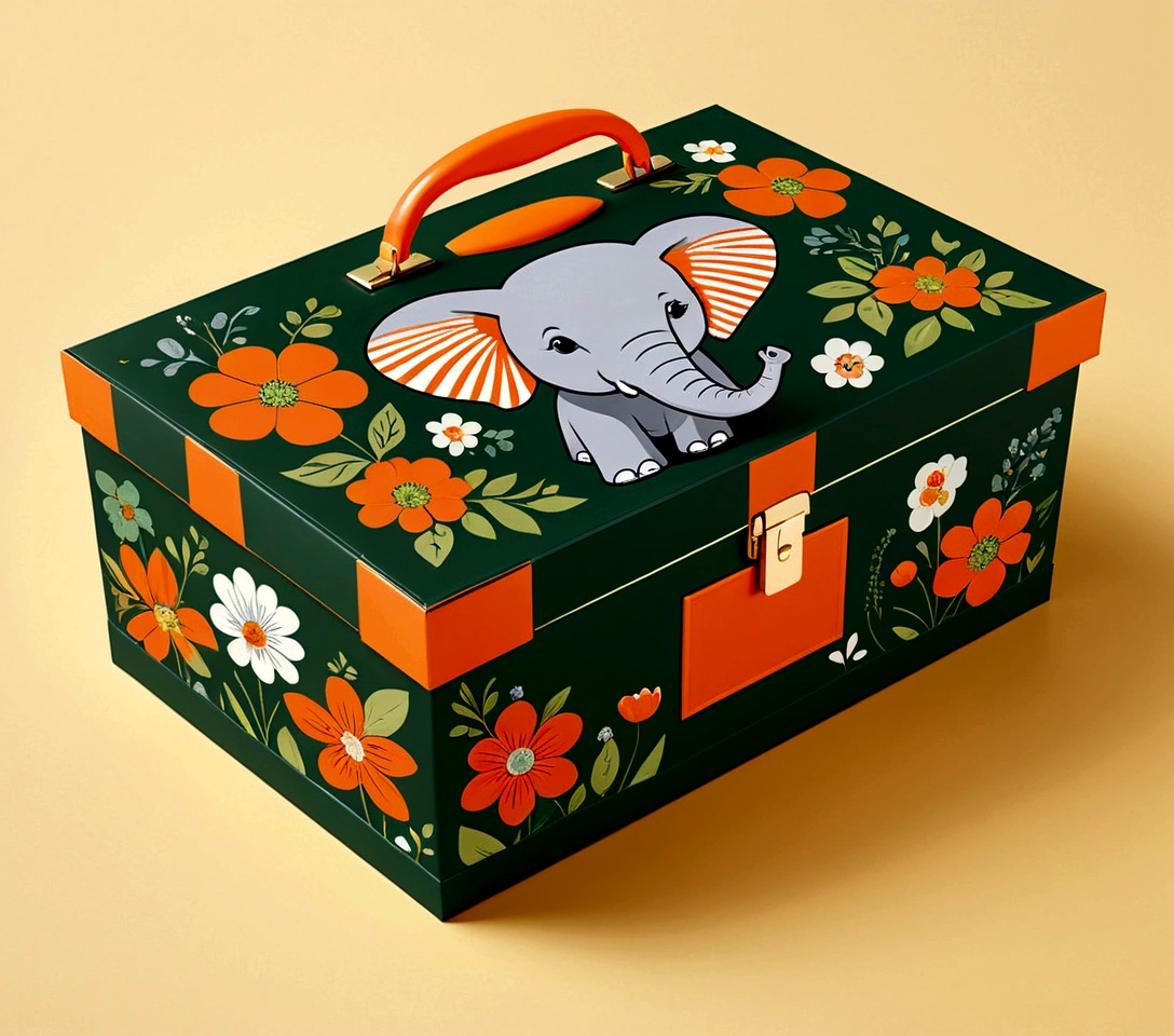 Beautifully designed flat rectangular box with handle, with carrying handle, English squares, flourishing flowers, printing a cute little elephant, geometric lines, minimalist, modern, high end, cute, color blocking, floral motifs, orange and green, illustration, cartoon, geometric style, beautifully detailed, flat color vector design style,...