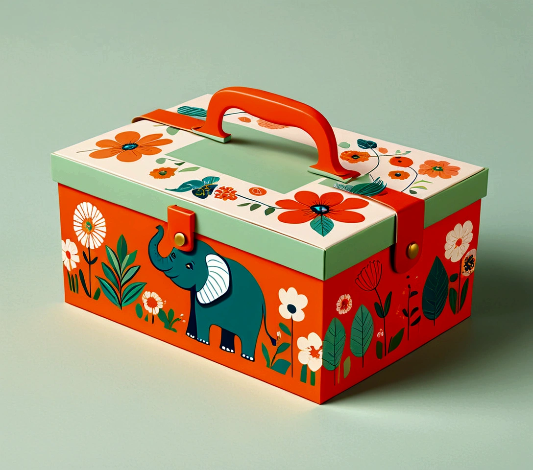 Beautifully designed flat rectangular box with handle, with carrying handle, English squares, flourishing flowers, printing a cute little elephant, geometric lines, minimalist, modern, high end, cute, color blocking, floral motifs, orange and green, illustration, cartoon, geometric style, beautifully detailed, flat color vector design style,...