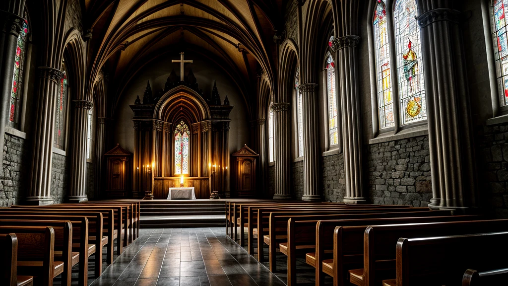 a small 1920s chapel interior, wooden pews, ornate altar, candles lit, religious icons, basic architecture, low ceilings, detailed stone walls, gray stone, warm lighting, photorealistic,8k,masterpiece,cinematic lighting,dramatic atmosphere