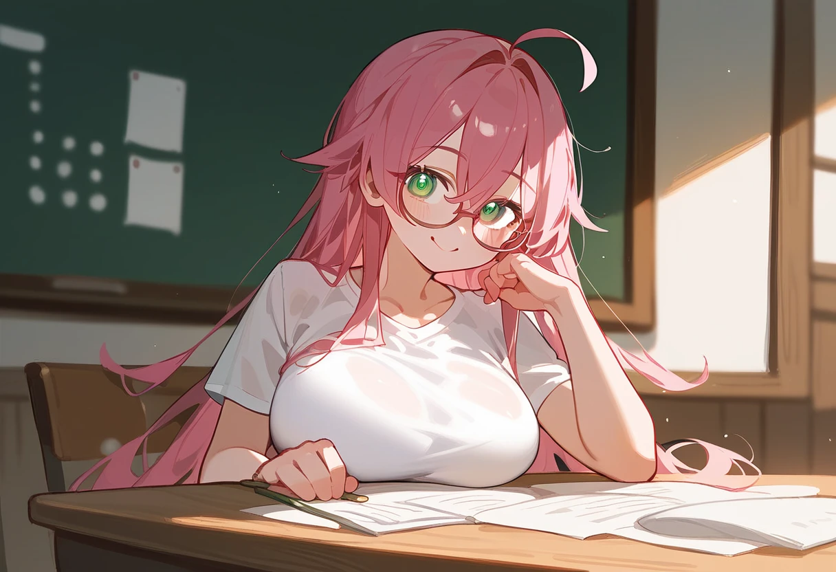 One Woman、Big Breasts、Pink Hair、Long Hair、Straight Hair、Ahoge、Kind older sister、Pink small glasses、Green Eyes、smile、Droopy eyes、Background home table、shirt、I sit next to him and teach him、profile