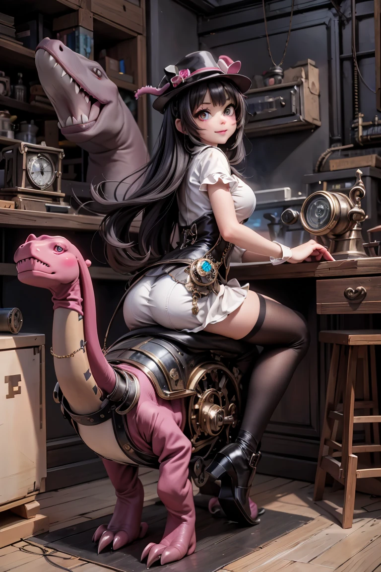 a cute girl riding a pink dinosaur steampunk machine