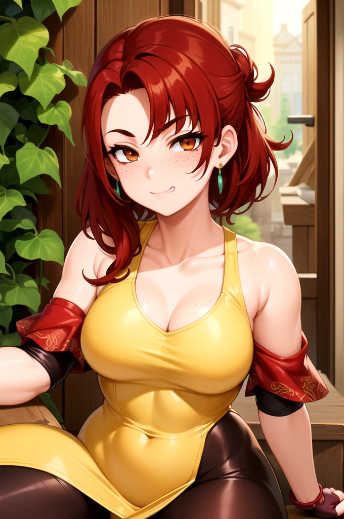 (masterpiece, best quality:1.2), extremely detailed, detailed hair, intricate details, finely detailed, [[soft lighting, volumetric lighting]], 1girl, (solo), looking at viewer, mature female, upper body , hand on hip , sitting , thick thighs, medium breasts , partially fingerless gloves , (leggings), (revealing clothes, off shoulder, bodycon, very tight dress), (asymmetrical bangs, hair up , hair slicked back ,nihongami, red hair ,two-tone hair), smug , , , cuff earrings , freckles , (A historic, ivy-covered college campus with grand, gothic architecture ), 