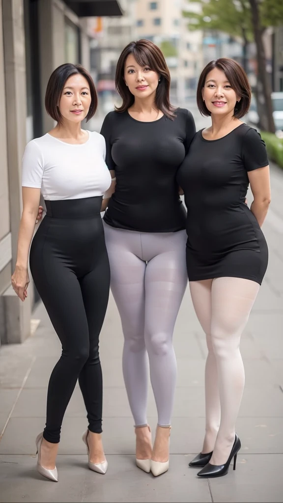 Three middle-aged women in their fifties wearing tight pants and high heels pose together, Wear tight, simple clothing, Wearing black tights, Tights, Tights, Thin waist and thick hips, Female whole body, Full breasts,Hips and long legs, Thickness, Tight black clothes, Smooth White Tights Set, Long thin legs, Rounded thighs, Full body pictures, Tight full body suit