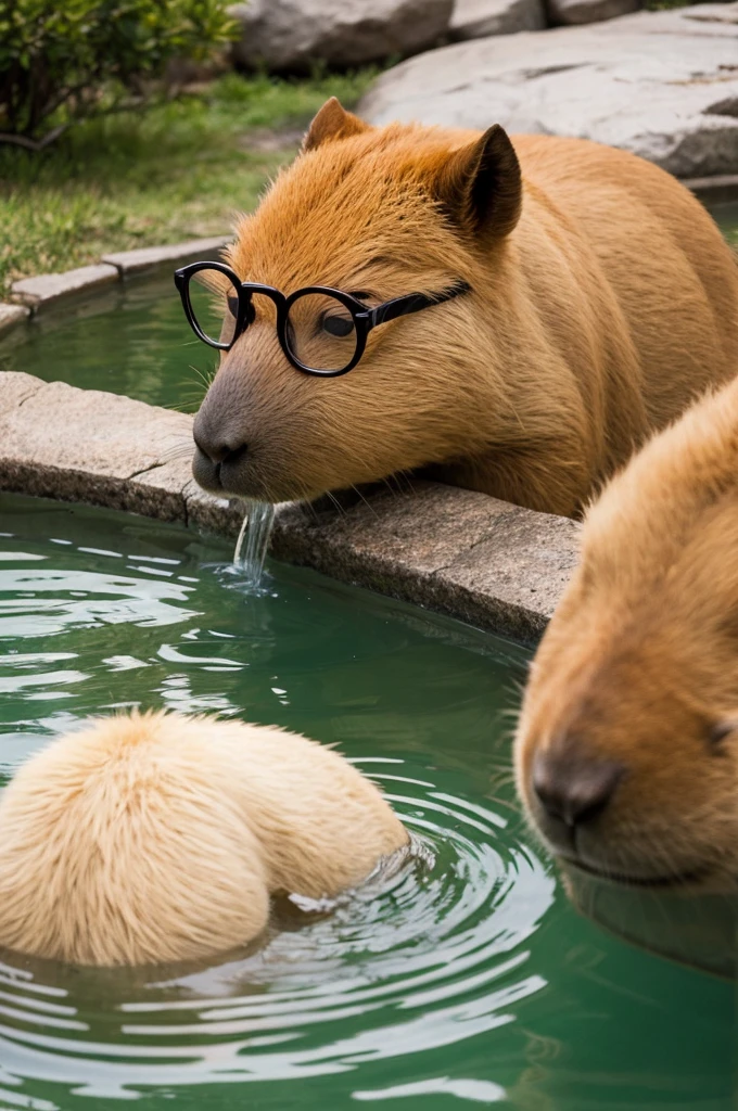 A capybara wearing glasses is in a hot spring, looking dazed with only its face showing.