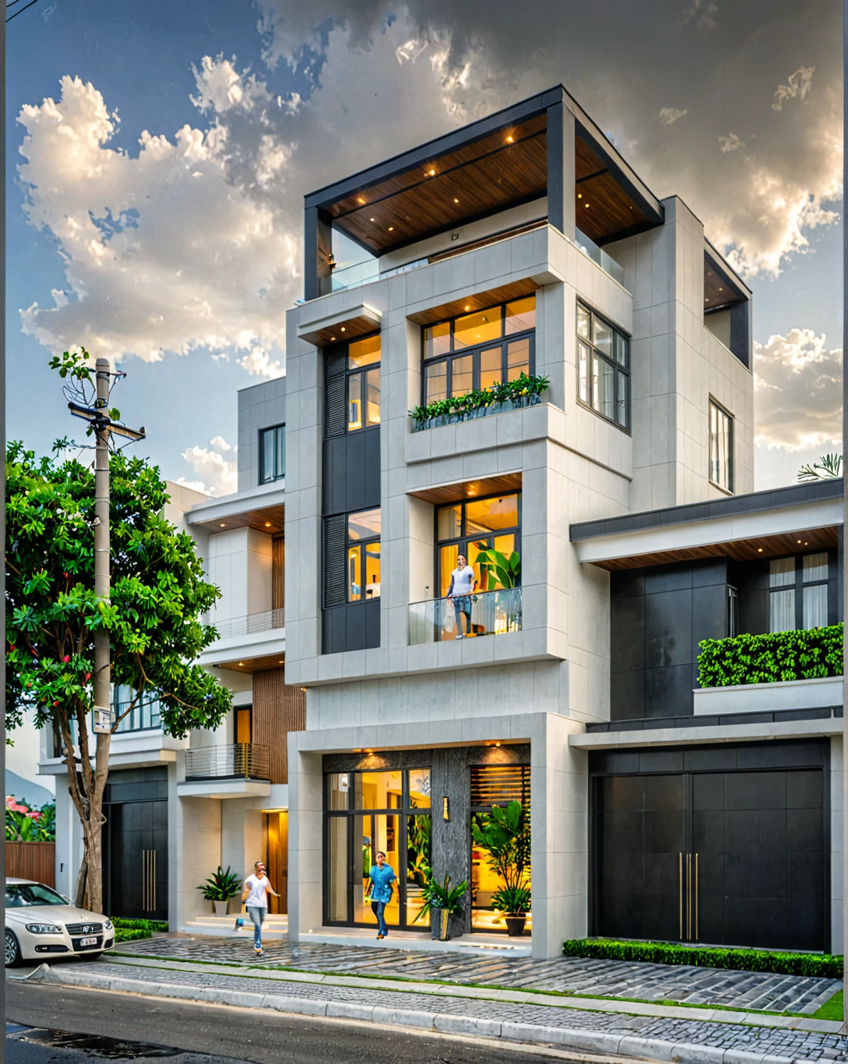 modern villa on street, (overcast lighting:1.2), tropical tree, vivid color, curve wall, streetcapes, nice sky, grey and wwhite tone, (large glass door:1.2), warm interior lighting, modern material, best quality, ultra realistic, masterpiece, 17ArchiAI_XL_VL-v1
