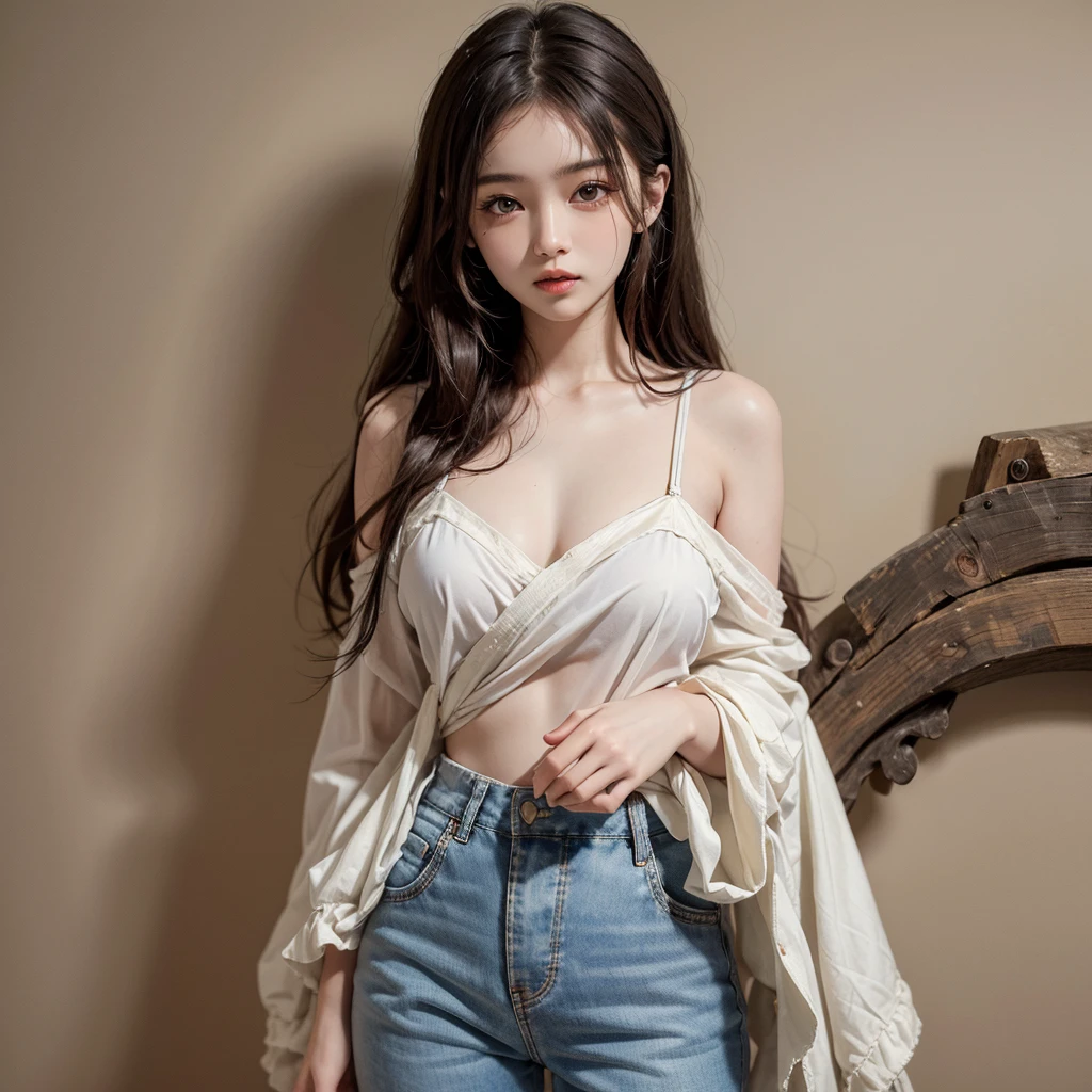 (high quality,masterpiece,4K,8K),cute young girl,long hair,Upper body naked、pants
