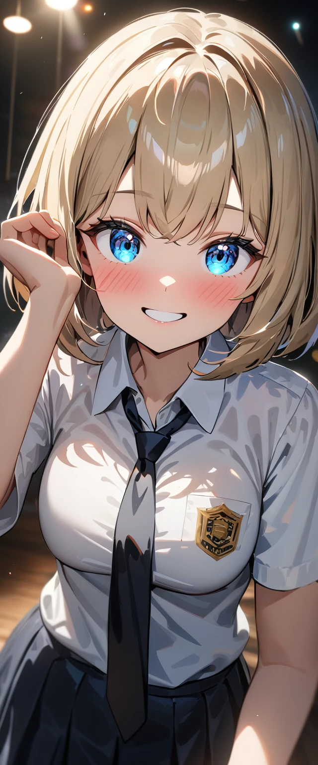 (((One girl))), blond hair, bob cut, (cowboy shot), (looking at viewer), breasts, teenager, head tilt:1.3, (((blue eye))), ((happy smile)), ((full face blush)), school summer uniform, white shirts, black tie, black skirt, cleavage, anime style, (best quality, 4k, 8k, highres, masterpiece:1.2, ultra-detailed, ultra-detailed eyes, HDR, UHD, studio lighting, ultra-fine painting, sharp focus, physically-based rendering, extreme detail description, professional, vivid colors, bokeh)