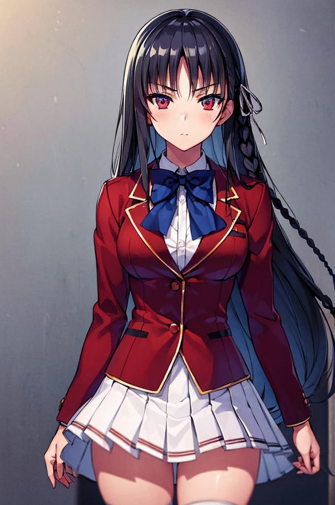 (masterpiece, best quality:1.4), (ultra detailed:1.4), super fine illustration, perfect anatomy, (official art:0.7),
1girl,
Suzune Horikita,
Suzune Horikita \(youjitsu\),
long hair, braid,
black hair,
red eyes, slant eyes, small eyes,
blue bow,
medium breasts,
red jacket, long sleeves, white skirt, pleated skirt, black thigh-high socks,
looking at viewer,
cowboy shot,
perfect light, background of outdoors, city,