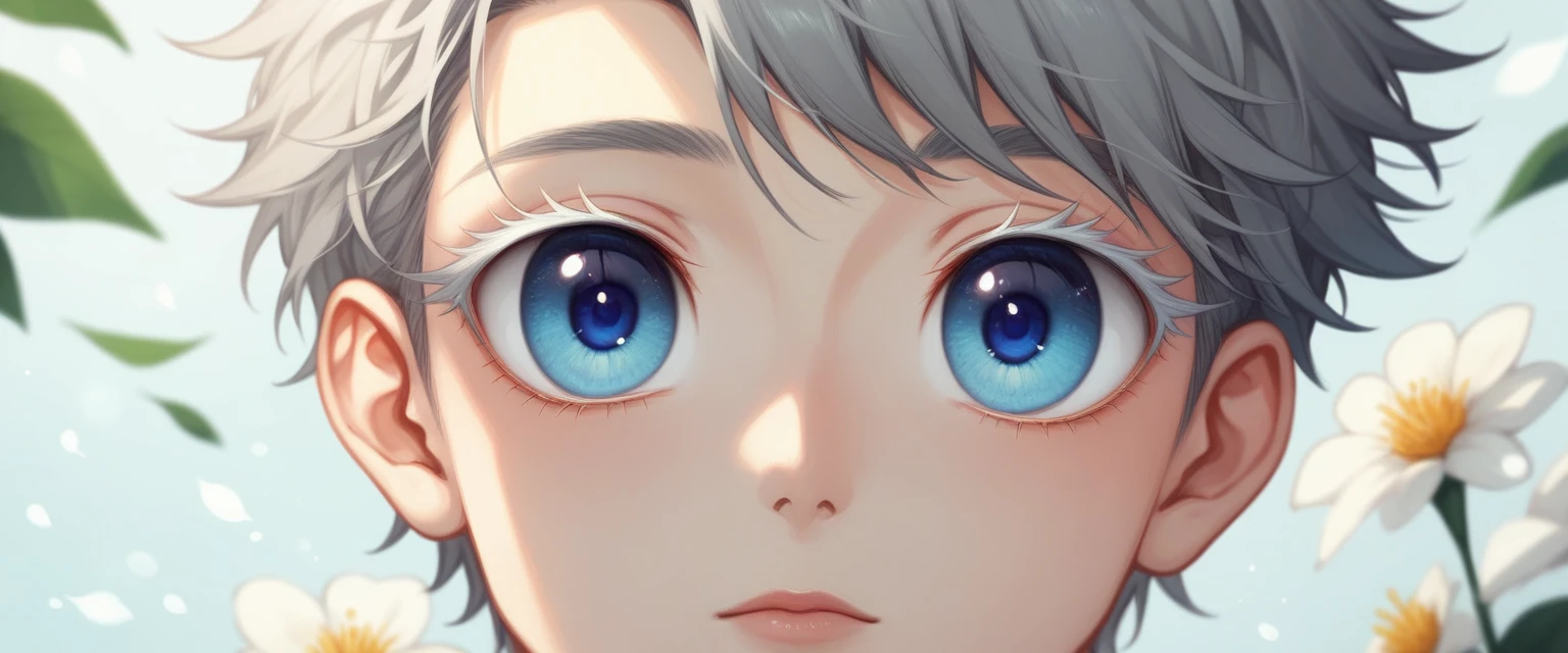 (Mastepiece), (Best Quality), Very detailed, (1 boy:1.5), Solo Shooting, Perfect Face, Beautiful Face, Very detailed顔，(Gray Hair:1.3)，(Big eyes:1.4)，(Long eyelashes:1.4)、(Light blue eyes:1.3)、Lots of flowers