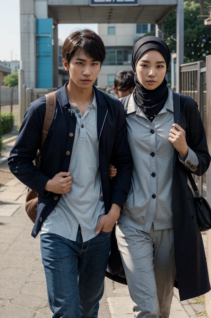 Korean comic style, a handsome man in high school clothes with the buttons on his chest unbuttoned looking away from the gate. And a girl wearing a high wearing a hijab carrying books and walking far away with her back to the boys