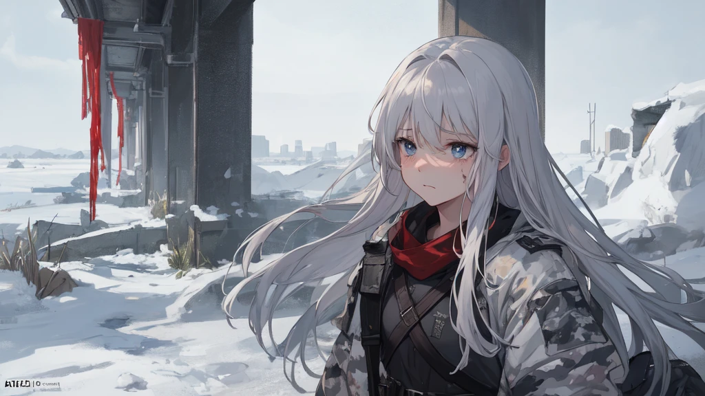 masterpiece:1.2), best quality , 独奏 ,pixiv, anime girl ，long straight white hair , black eyes ,Wearing off-white camouflage uniform ,ten years old，modern battlefield，(Eyes looking into the distance:1.3)，(look away:1.5)，snowy weather，dirty face，blood on forehead，dirty face，Backlight，Bare rocky peaks ,，The expression is sad，leave tears，When the war situation seems to be developing for the better,，A girl wakes up from her deep sleep，She doesn&#39;t understand her own life、Not sure about the power in the body，As pure as white paper。At the same time, another soul is sleeping inside the girl&#39;s body.，it was an accident，It is also one of the waves that changes the world。