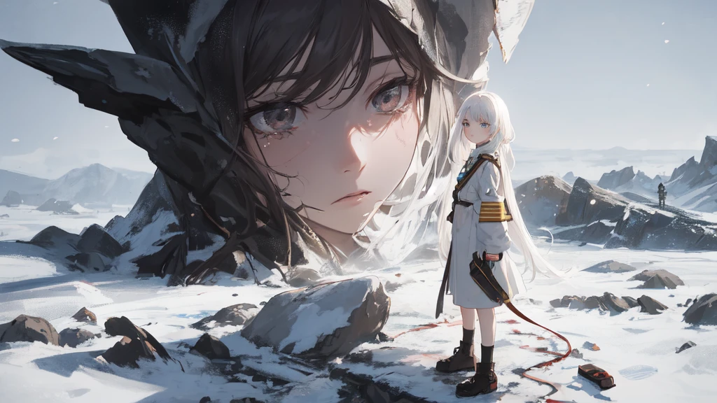 masterpiece:1.2), best quality , 独奏 ,pixiv, anime girl ，long straight white hair , black eyes ,Wearing off-white camouflage uniform ,ten years old，modern battlefield，(Eyes looking into the distance:1.3)，(look away:1.5)，snowy weather，dirty face，blood on forehead，dirty face，Backlight，Bare rocky peaks ,，The expression is sad，leave tears，When the war situation seems to be developing for the better,，A girl wakes up from her deep sleep，She doesn&#39;t understand her own life、Not sure about the power in the body，As pure as white paper。At the same time, another soul is sleeping inside the girl&#39;s body.，it was an accident，It is also one of the waves that changes the world。