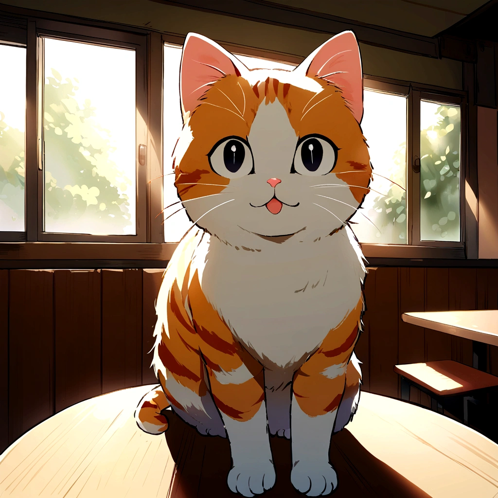 A cute cat with round eyes., in the cafeteria , Sunlight outside the window.