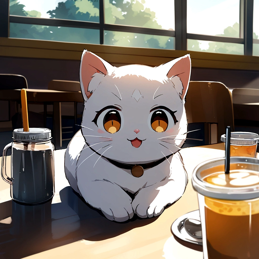A cute cat with round eyes., in the cafeteria , Sunlight outside the window.