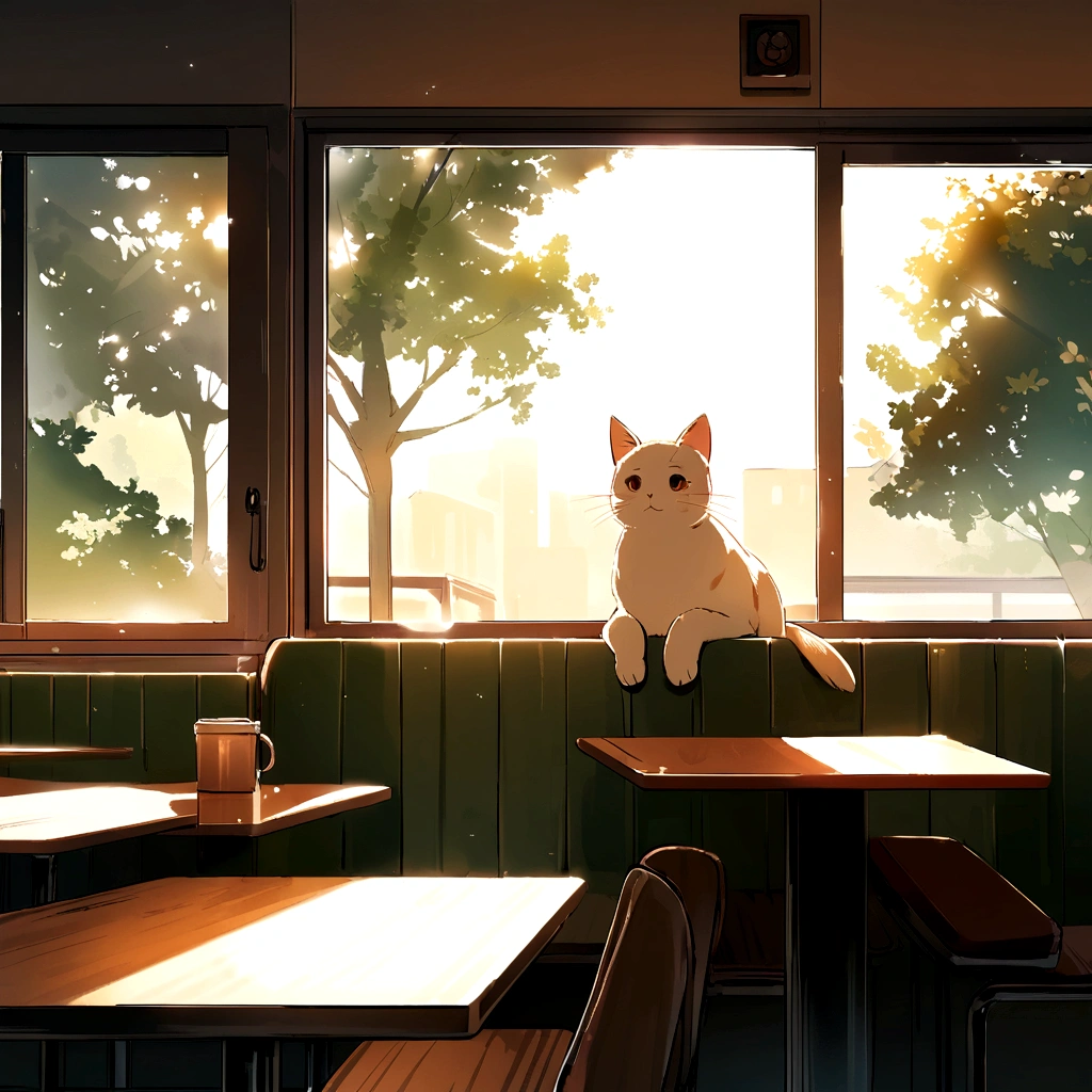A cute cat with round eyes., in the cafeteria , Sunlight outside the window.