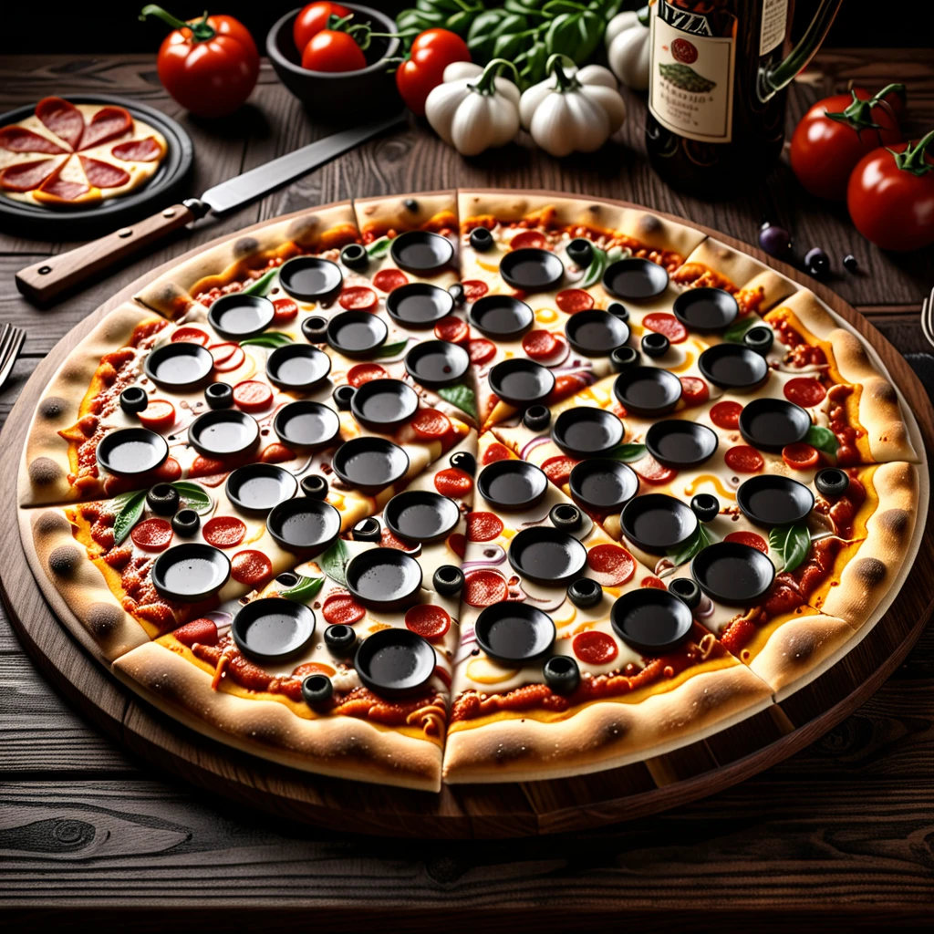 closeup photograph pizza on a beautiful wood table, intricate details, hyperdetailed photograph, dark contrast, award winning composition, dark shadows, 8k resolution, food photography