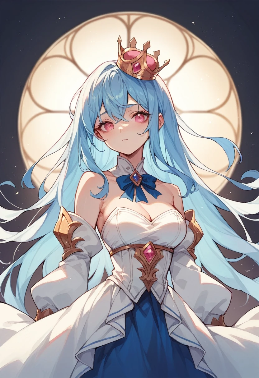 The main character is a white-haired girl,long hair,Blue hair inside,Golden Crown,Deep pink eyes,Clothes like silk,Blue and white outfit,Light blue ribbon around the neck