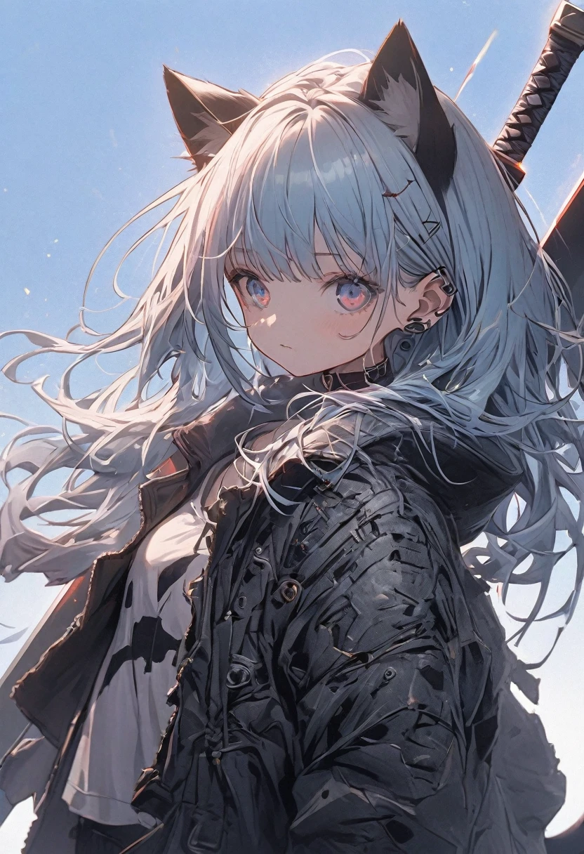 Detailed silhouette of a cyberpunk girl with cat ears and a tail, Flowing, Tattered coat, He has a giant sword with a mechanical cat design on it., Stand on the glossy, Minimalist Reflective Surface, Soft Blue Background, depth,  The tip of the sword is pointed towards me.