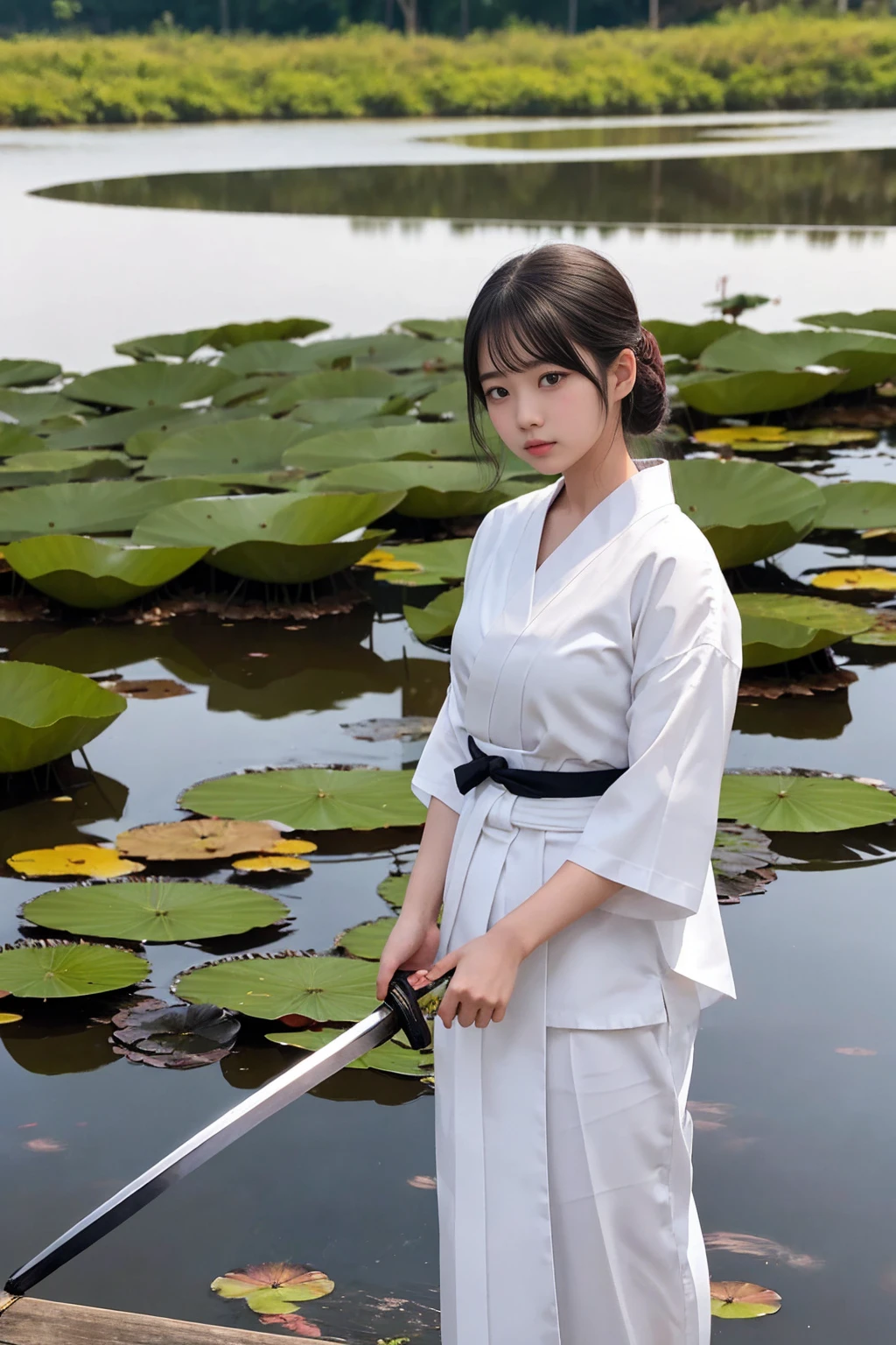 A young woman, holding a Japanese sword, wearing a white shirt and Japanese hakama, the shadow of the moon, the wind, the light of the night, a large pond with lotus flowers, she is standing on a bridge over the pond. Very fantastic, she is the focus, the surroundings are a bit blurred, masterpiece, high resolution.