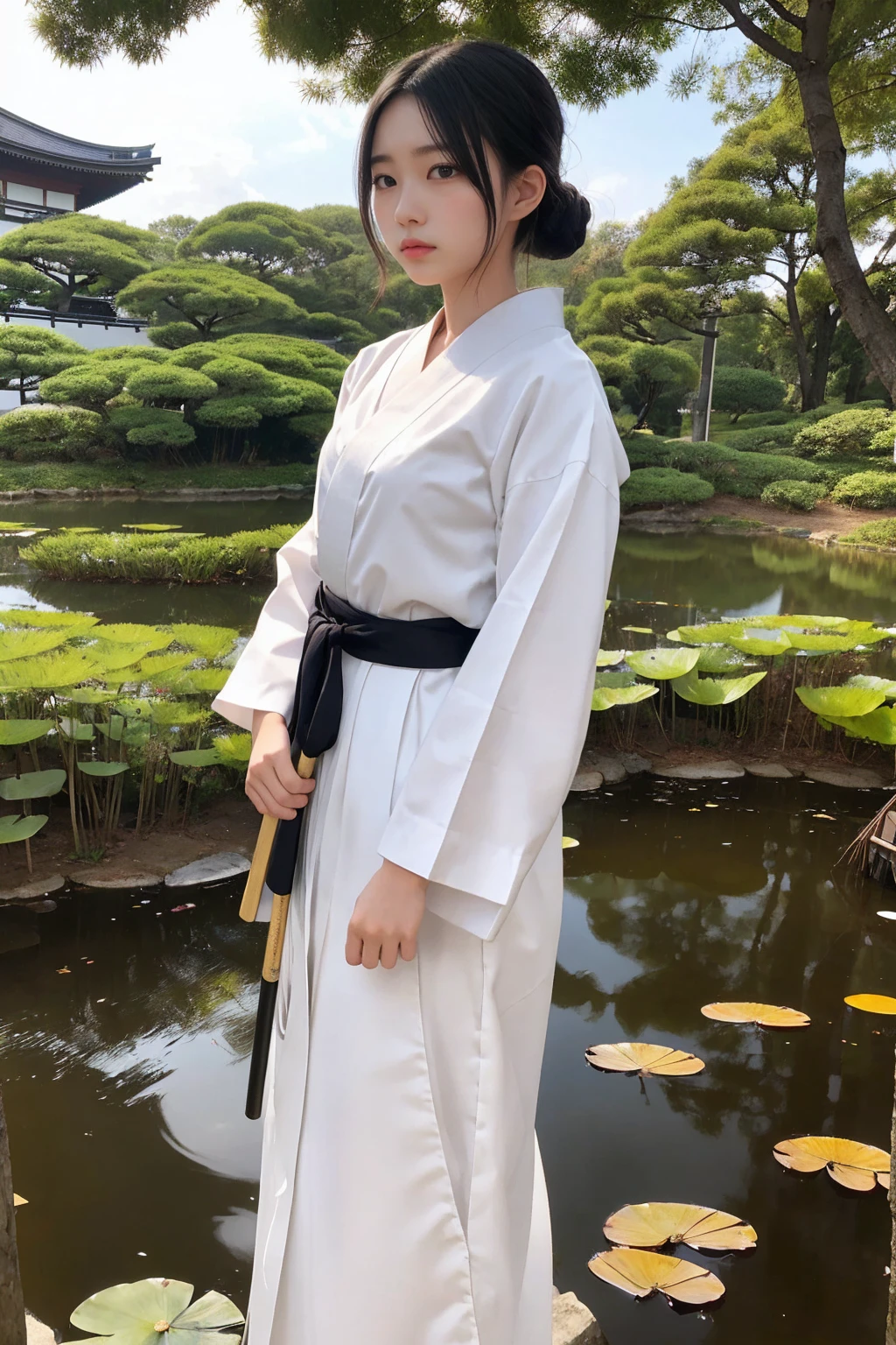 A young woman, holding a Japanese sword, wearing a white shirt and Japanese hakama, the shadow of the moon, the wind, the light of the night, a large pond with lotus flowers, she is standing on a bridge over the pond. Very fantastic, she is the focus, the surroundings are a bit blurred, masterpiece, high resolution.