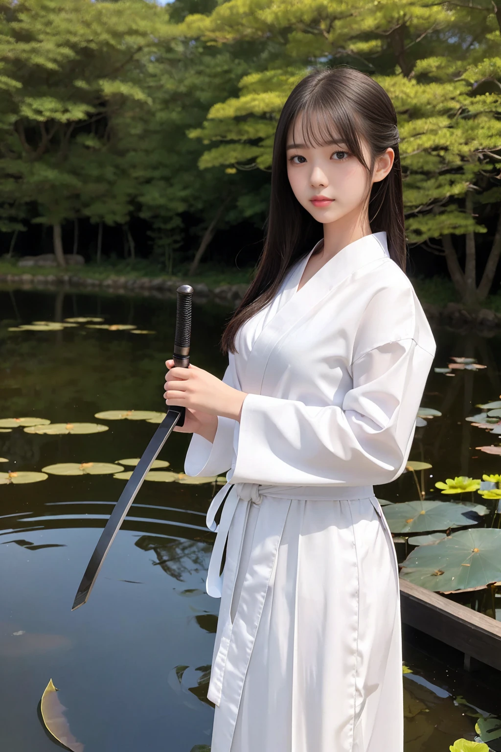 A young woman, holding a Japanese sword, wearing a white shirt and Japanese hakama, the shadow of the moon, the wind, the light of the night, a large pond with lotus flowers, she is standing on a bridge over the pond. Very fantastic, she is the focus, the surroundings are a bit blurred, masterpiece, high resolution.