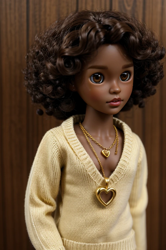 A blythe doll with the following characteristics: dark skin, wide nose, dark brown curly head reaching below the shoulders, Dark brown eyes, wearing a white sweater and a gold necklace with a heart pendant 