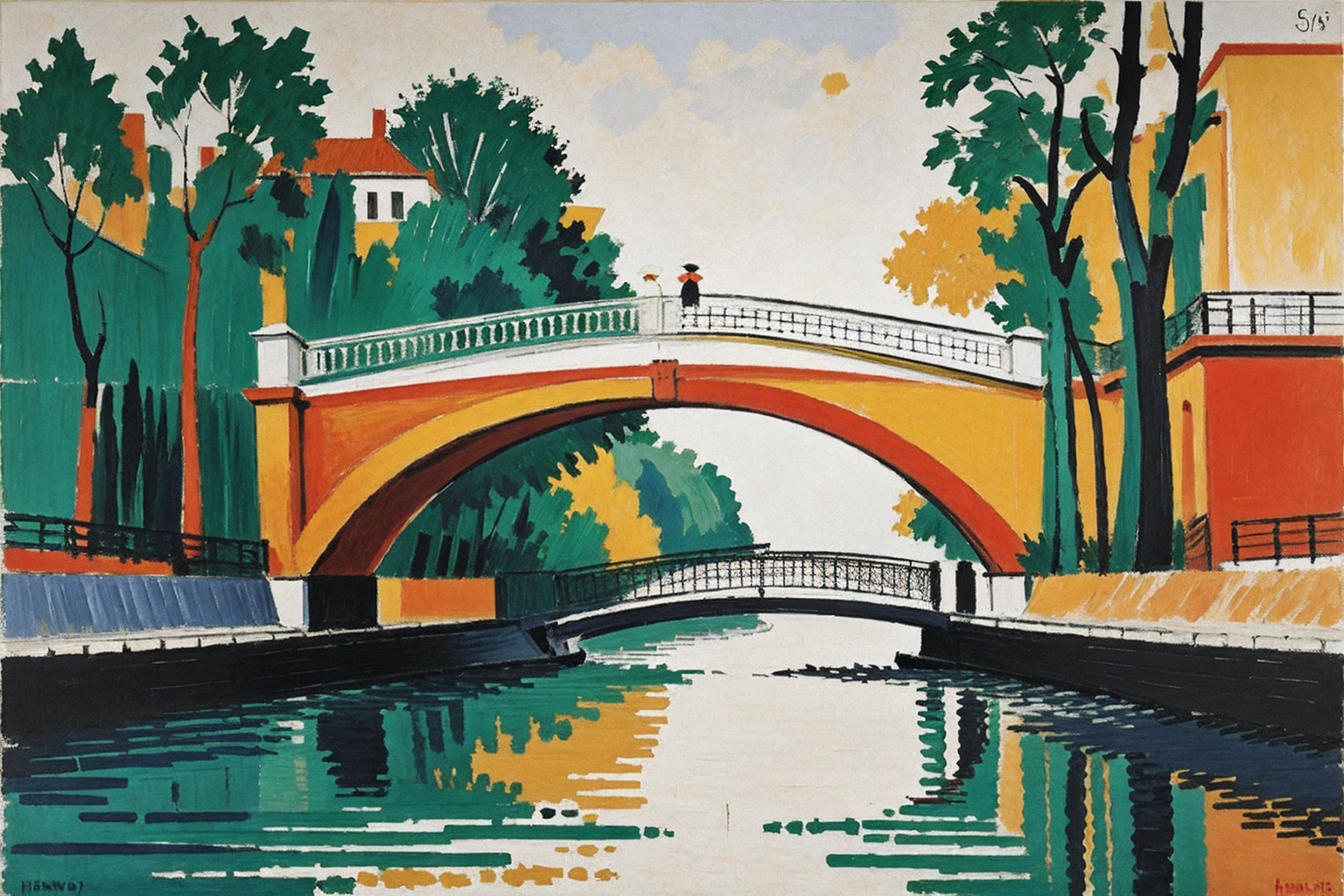 Fauvism style oil painting of a bridge on a river, vivid colors, plain and flat designs as painted by Henry Matisse fauvism paintings, liubai, minimalism, white_background, abstract
