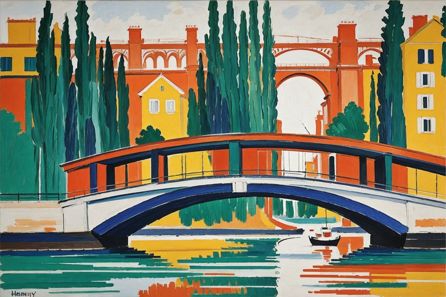 Fauvism style oil painting of a bridge on a river, vivid colors, plain and flat designs as painted by Henry Matisse fauvism paintings, liubai, minimalism, white_background, abstract
