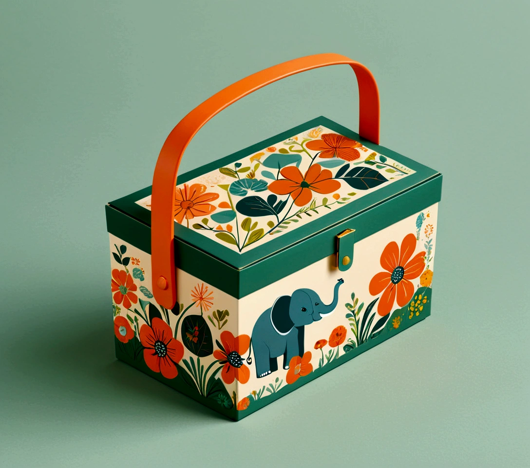 Beautifully designed flat rectangular box with handle, with carrying handle, English squares, flourishing flowers, printing a cute little elephant, geometric lines, minimalist, modern, high end, cute, color blocking, floral motifs, orange and green, illustration, cartoon, geometric style, beautifully detailed, flat color vector design style,...