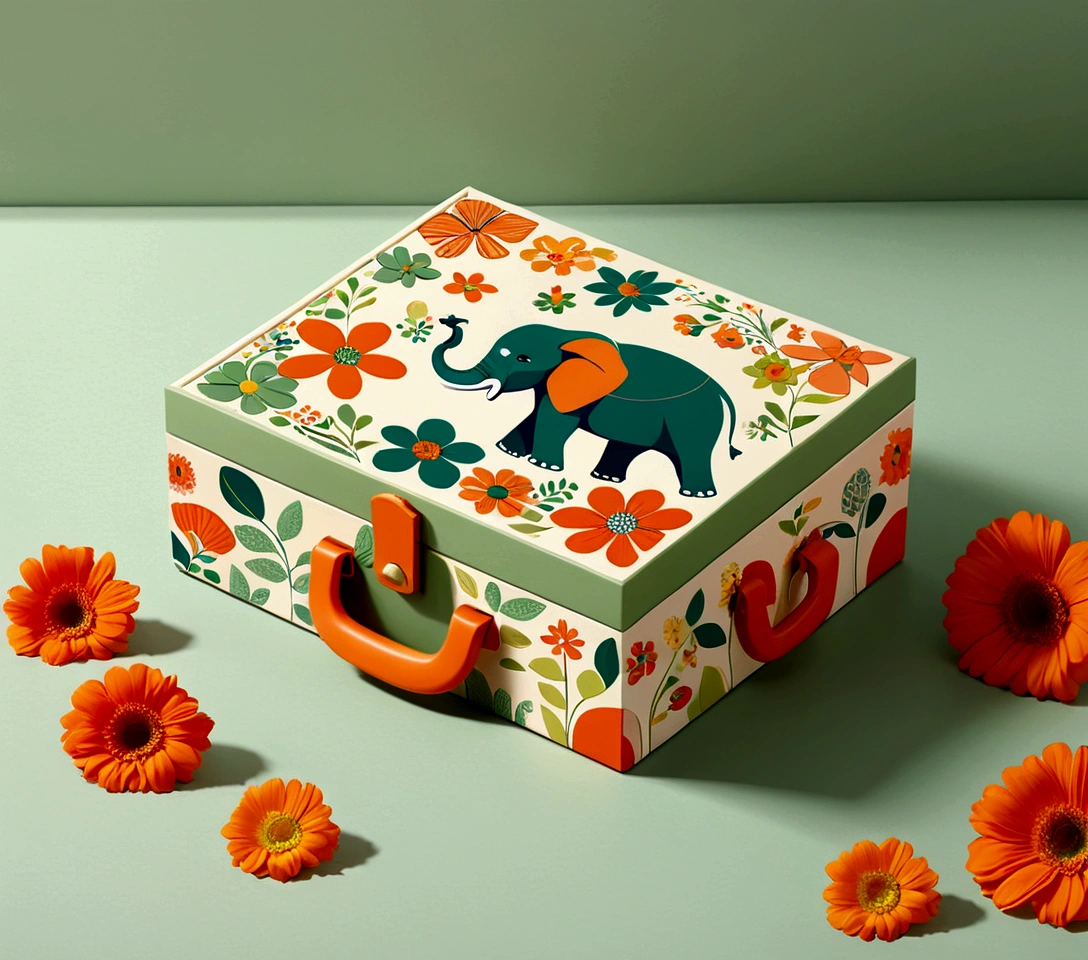 Beautifully designed flat rectangular box with handle, with carrying handle, English squares, flourishing flowers, printing a cute little elephant, geometric lines, minimalist, modern, high end, cute, color blocking, floral motifs, orange and green, illustration, cartoon, geometric style, beautifully detailed, flat color vector design style,...