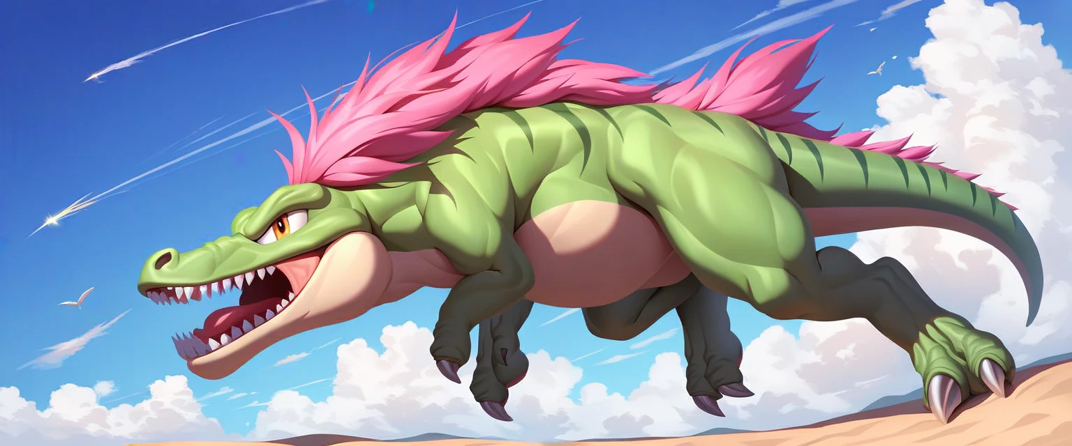 score_9, score_8_up, score_7_up, source_anime, detailed, 8k, cinematic angle, rating safe, wide shot, A pink dinosaur and a green dinosaur are fighting wild,cloud of dust,sonic boom,