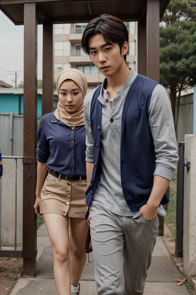 Korean comic style, a handsome man in high school clothes with the buttons on his chest unbuttoned looking away from the gate. And a girl wearing a high  wearing a hijab carrying books and walking far away with her back to the boys