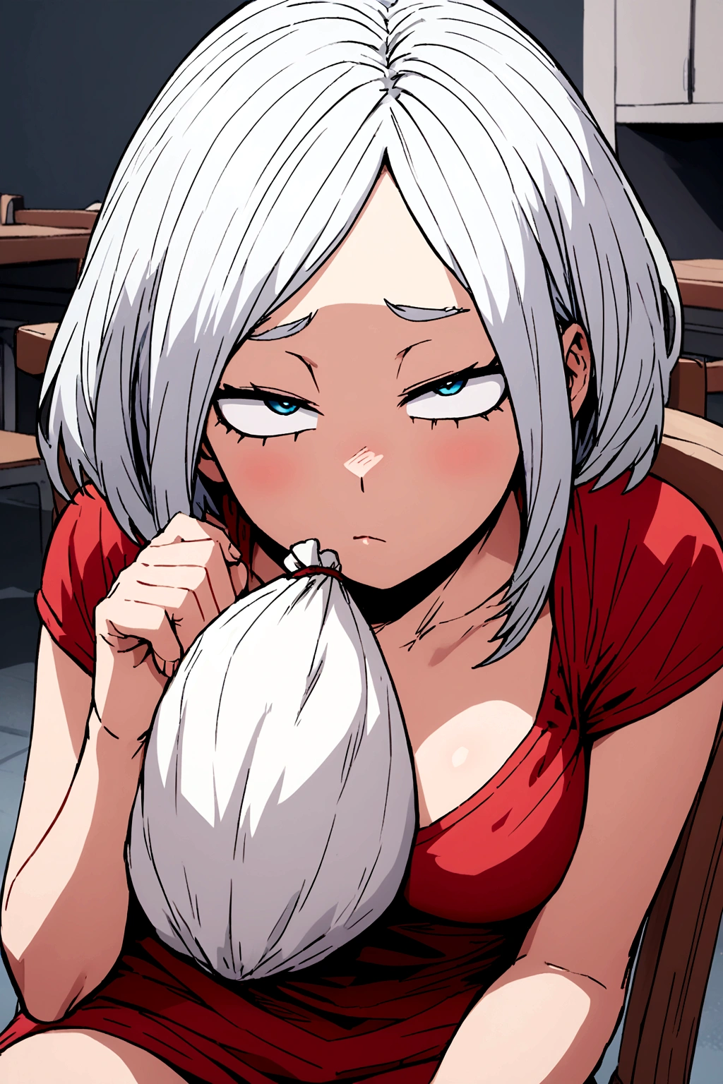 Screenshot of boku no hero academia, beautiful woman, slanted eyes, blue eyes, white hair with red highlights, red low-cut blouse, white open sack, sitting on a chair, looking at the camera