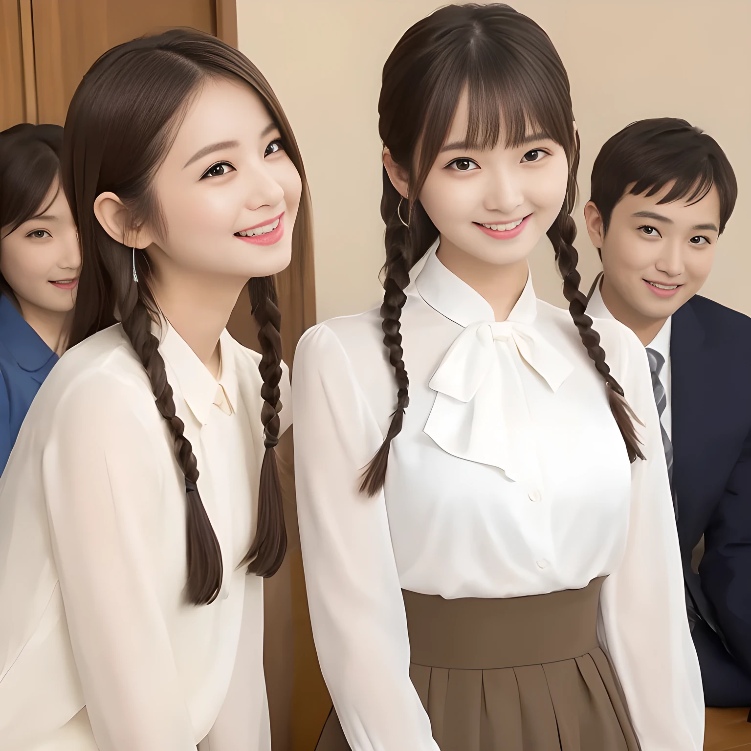 (highest quality, masterpiece:1.2), highest quality, High resolution, 1080P, 8K, Height: 158cm, ((A very intelligent, very noble, pretty and neat Japanese beautiful girl fashion model. Looking at the audience. Realistic fashion model)), ((((White face with plump cheeks)))), Glossy lips, (Evenly cut bangs), ((Very beautiful dark eyes)), The very large, shiny, wide red ribbon bow-tie on her  is very cute., ((Black Hair)), ((long twin braids)), (((Cream colored blouse))), A neat uniform, Very lustrous, glossy lips, Open hand over open mouth, Beautiful hair like a hair model, Cream colored long skirt, Watching the viewer and laughing, ((Incredibly well organized, The expression is rich. plump and beautiful skin and face)), ((Pure and clear eyes)), Long eyelashes, ((laughing at me!)), The blouse makes the shadows clearer.