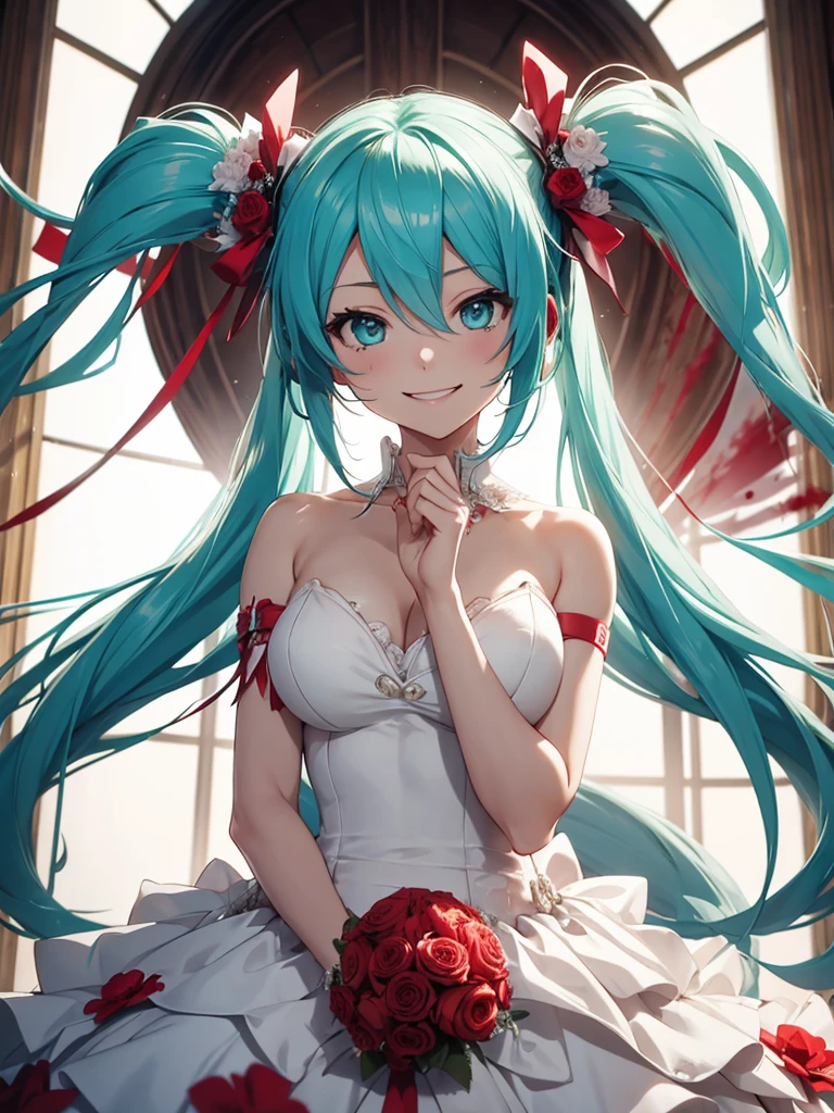 Hot hatsune miku, wedding dress, blood, smiling