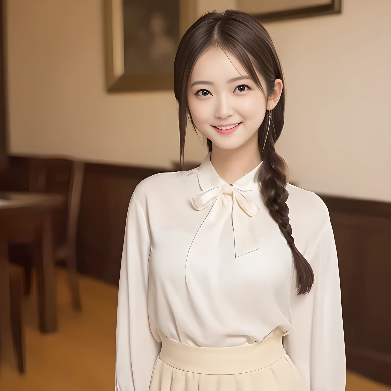 (highest quality, masterpiece:1.2), highest quality, High resolution, 1080P, 8K, Height: 158cm, ((A very intelligent, very noble, pretty and neat Japanese beautiful girl fashion model. Looking at the audience. Realistic fashion model)), ((((White face with plump cheeks)))), Glossy lips, (Evenly cut bangs), ((Very beautiful dark eyes)), The very large, shiny, wide red ribbon bow-tie on her chest is very cute., ((Black Hair)), ((long twin braids)), (((Cream colored blouse))), A neat uniform, Very lustrous, glossy lips, Open hand over open mouth, Beautiful hair like a hair model, Cream colored long skirt, Watching the viewer and laughing, ((Incredibly well organized, The expression is rich. plump and beautiful skin and face)), ((Pure and clear eyes)), Long eyelashes, ((laughing at me!)), The blouse makes the shadows clearer.