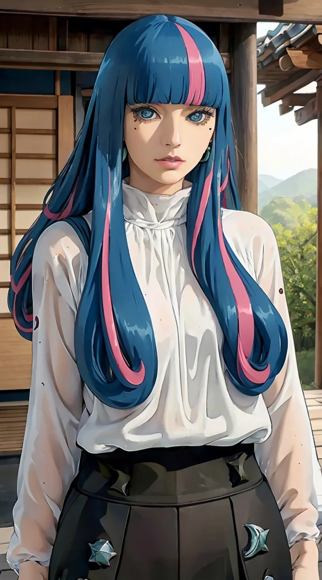 eida, long hair, bangs, blue eyes, very long hair, blue hair, pink hair, multicolored hair, earrings, blunt bangs, two-tone hair, streaked hair, beautiful, beautiful woman, perfect body, perfect breasts, wearing a kimono, showing shoulders, wearing earrings, wearing a watch, being in the garden, cherry trees, traditional Japanese house, looking at the viewer, a slight smile, realism, masterpiece, textured leather, super detailed, high detail, high quality, best quality, 1080p, 16k, showing shoulder, (((perfectly erected medium breast))), standing in seductive pose