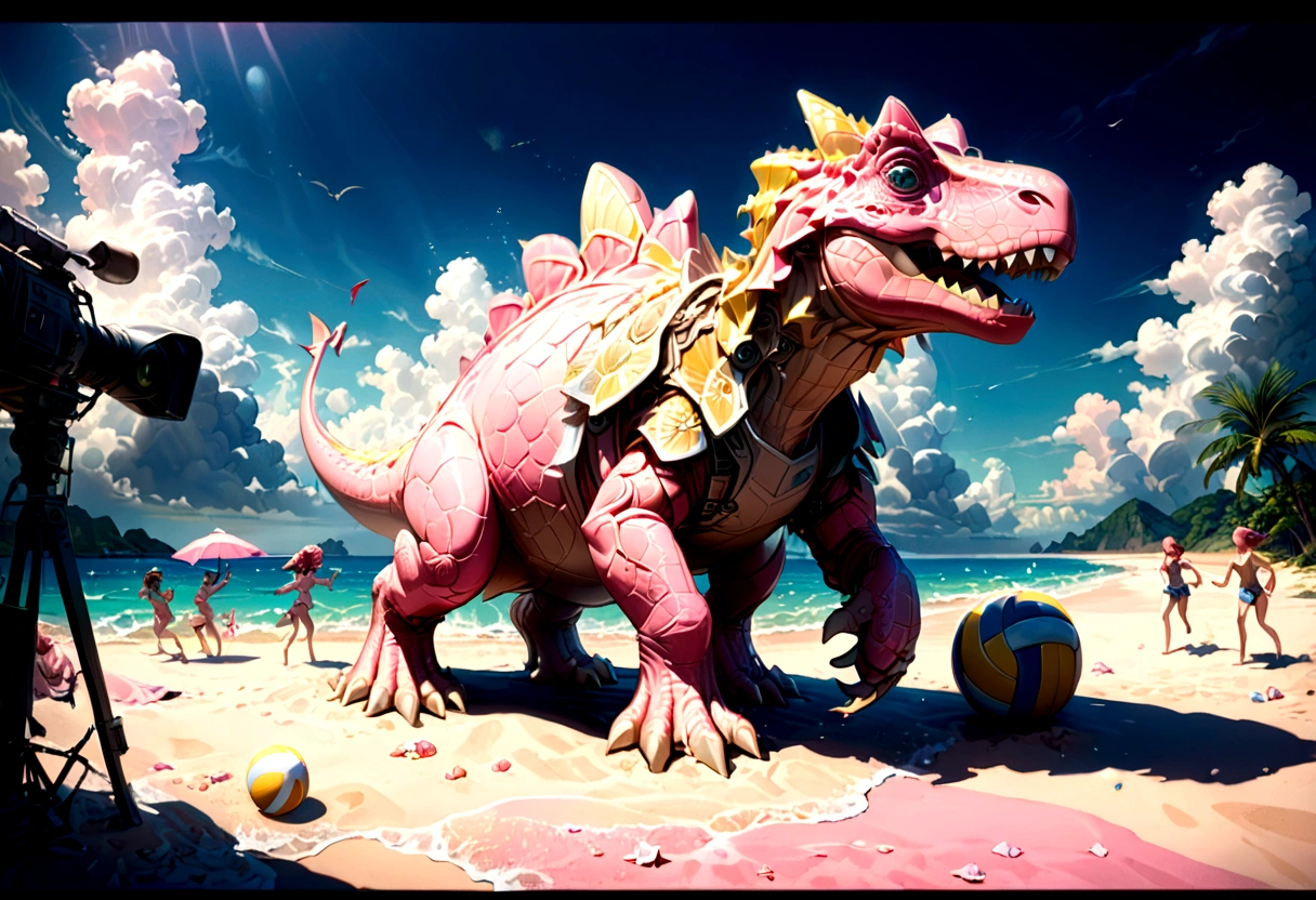 (Pink Dinosaur), the scene mainly depicts a group of pink little dinosaurs holding a summer on a pink beach, some in sandcastles, some playing volleyball, and some drinking cold juice. The background is a pink beach, (Photography), award-winning, cinematic still, emotional, vignette, dynamic, vivid, (masterpiece, best quality, Professional, perfect composition, very aesthetic, absurdres, ultra-detailed, intricate details:1.3)