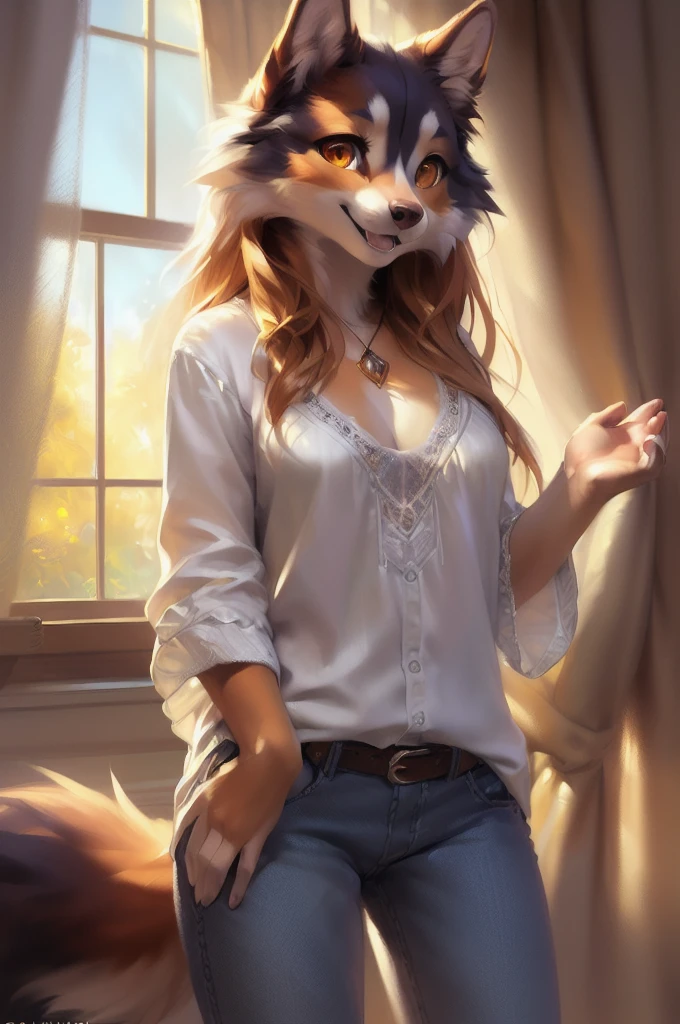 ((solo)), by Pino Daeni, by Ruan Jia, by Shiitakemeshi, by Alayna Lemmer, by Carlo Galli Bibiena, medium close-up of an adorable ((female anthro furry wolf-collie )) ,morning, living room, (big window, reflection, pull curtains:1.2), sunshine, she is wearing cotton shirts, jeans underwear, (((happy, detailed face, detailed big amber eyes , detailed hair, (fluffy))), (magical vibe), tuft ), insane details, 8k, unreal engine, warm soft volumetric light, masterpiece , blurred background, cinematic composition.(detailed Chunie lighting), (detailed fur), (((crepuscular ray))), cleavage, breasts