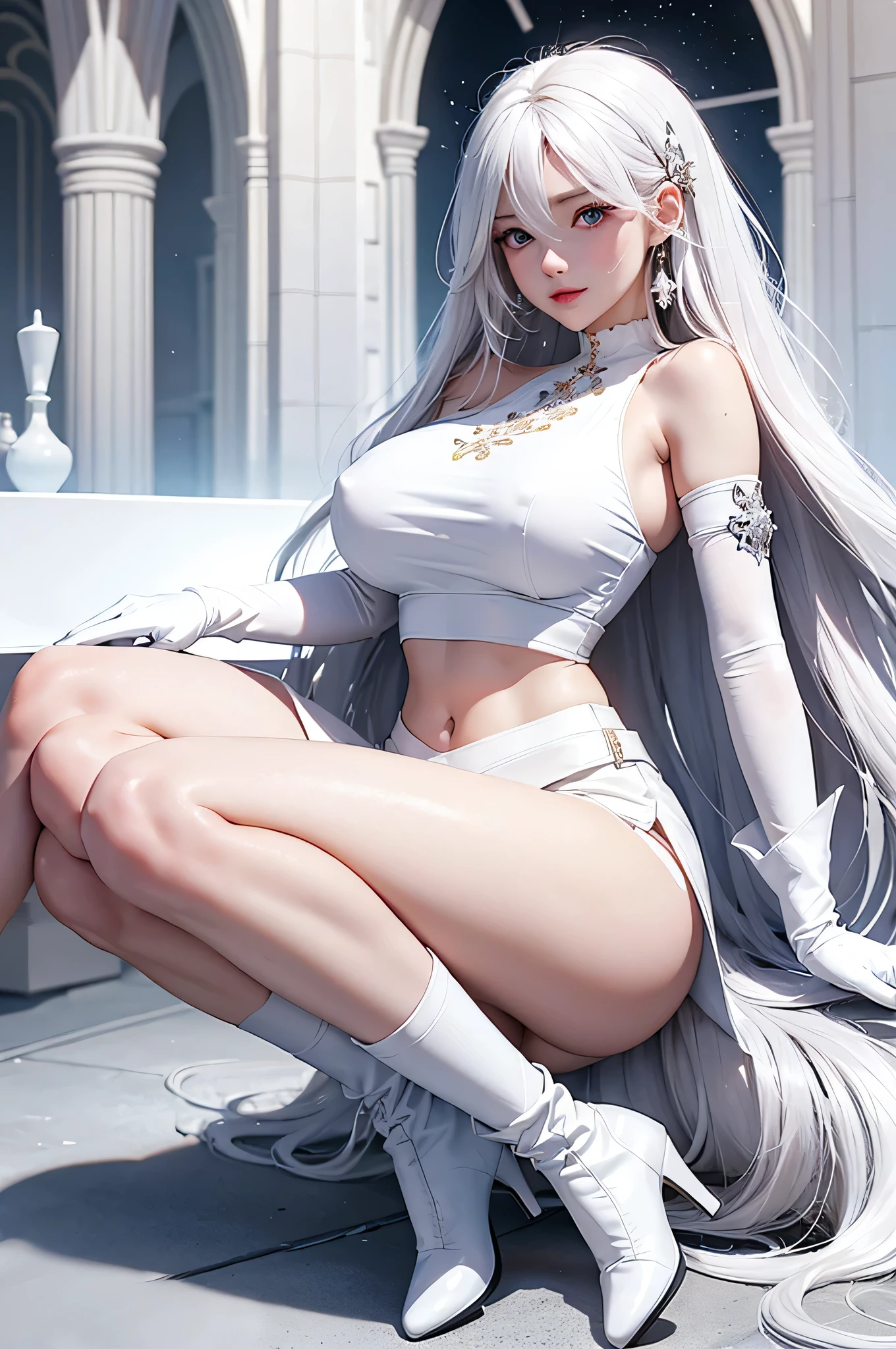 Full body, beatiful eyes, blush, cute face, (1 cute woman, solo: 1.1), very big breasts, long white hair, shiny white crop top, shiny white skirt, shiny white gloves, shiny white heel boots